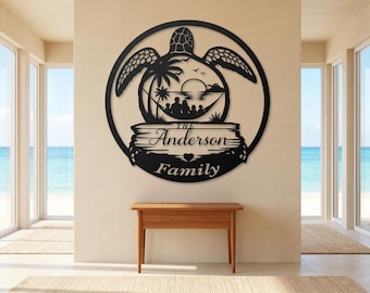 Personalized Sea Turtle Family Name Sign Custom Metal Beach House Decor