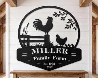 Personalized Family Farm Metal Sign, Custom Rooster Barnhouse Decor