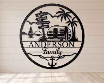Custom Camper Name Sign, Beach RV Family Metal Sign
