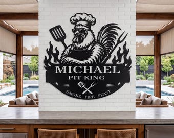 Personalized Pit King BBQ Grill Sign, Custom Metal Chef Rooster Decor