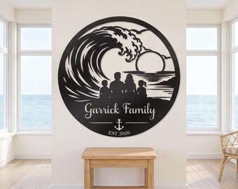 Custom Beach House Metal Sign, Family Wave Silhouette Decor