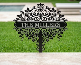 Personalized Garden Address Sign, Custom Metal Tree Family Name Stake