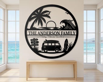 Personalized Beach House Metal Sign, Tropical Palm Tree Family Name