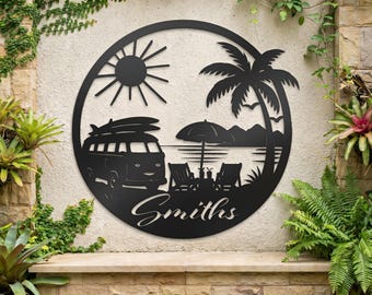 Beach House Metal Sign: Personalized Surf Van - Weatherproof Steel