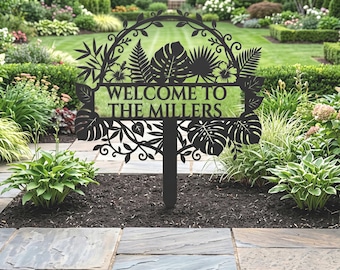 Tropical Garden Metal Sign, Personalized Family Name (Outdoor Safe)