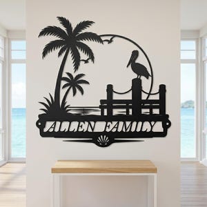 Custom Family Beach Metal Sign, Pelican Palm Tree Name Plate