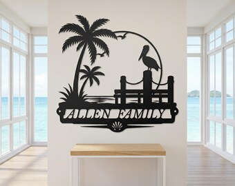 Custom Family Beach Metal Sign, Pelican Palm Tree Name Plate
