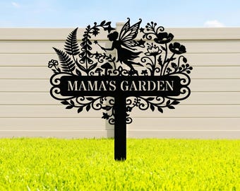 Personalized Mama's Garden Fairy Metal Stake, Custom Flower Name Sign