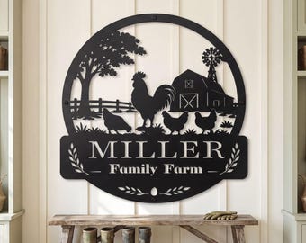 Personalized Farmhouse Rooster Sign, Metal Family Farm Custom Name Sign