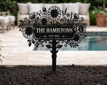 Personalized Sunflower Garden Stake, Custom Family Name Metal Outdoor Sign