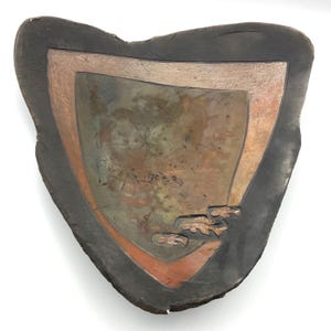 Signed Kimmberly Ioane 1992 Raku Ceramic Abstract Art Plate Wall Hanging Copper & Brown 17&quot; Wide