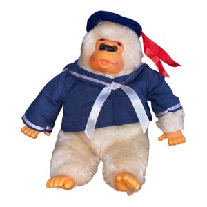 Vintage Sailor Monkey Plush Doll With Blue Outfit Red Ribbon & White Bow