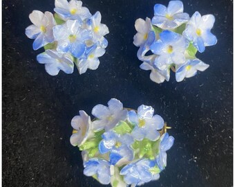 Handmade Vintage Brooch Earrings Clip-On Porcelain-Like Flowers Floral Jewelry Set