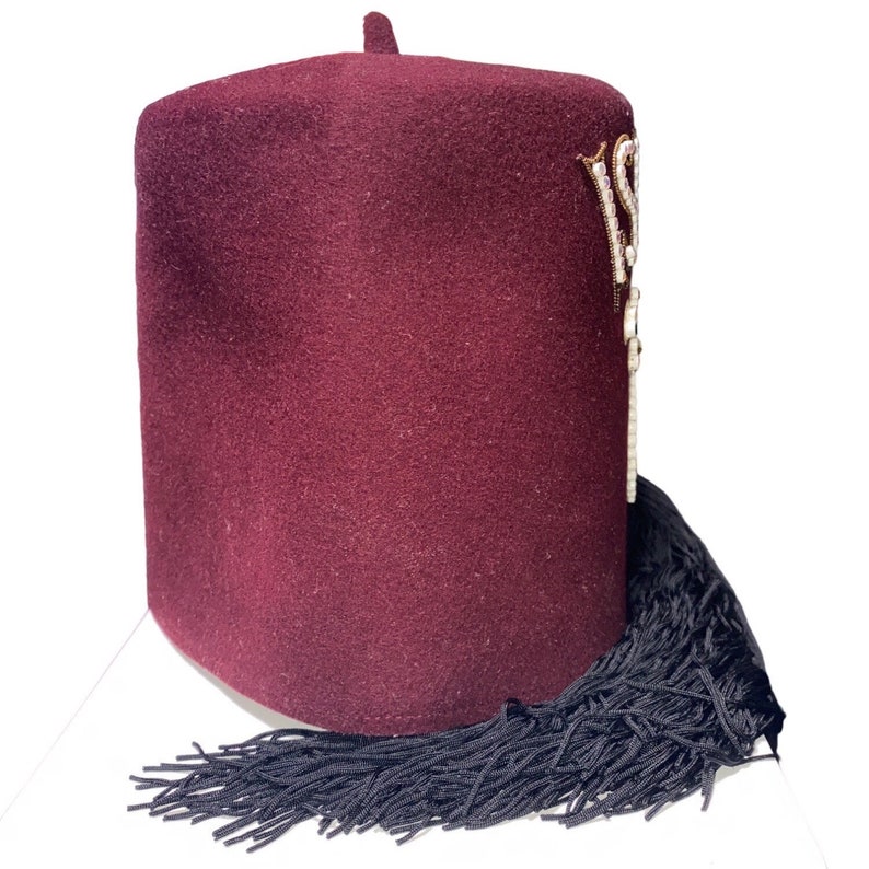 Shriners Fez Hat Tassel Size 71/2 Wool Vintage Jeweled Islam Burgundy Los Angeles Fraternal