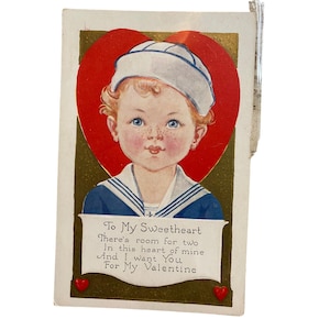 Vintage Valentines Day Postcard With Boy In Sailor Outfit & Heart Background