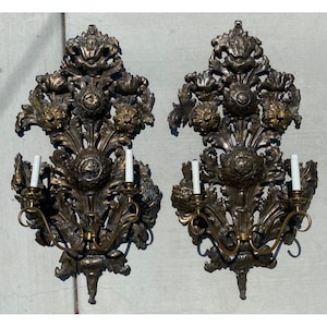 Pair Of Bronze Rococo Style Wall Sconces With Candle Holders