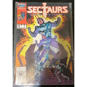 May include: A vintage comic book titled "Sectaurs: Warriors of Symbion." The cover features a dynamic illustration of insect-like warriors in action, with a vibrant color palette of purple, blue, and orange. The Marvel Comics 25th Anniversary logo is visible.