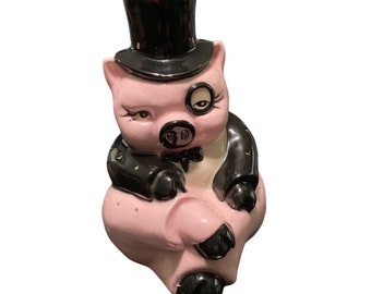 Vallona Starr 260 Pig Top Hat Tuxedo Monocle Bow Tie Ceramic Figurine Vintage Incense Vented Pink Black