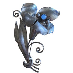 Vintage Sterling Silver Floral Brooch With Blue Gem