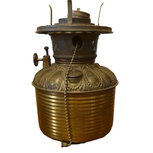 Converted Antique Brass Kerosene Oil Lamp With Ornate Design & Chain Mechanism