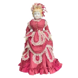 Victorian Porcelain Doll With Pink Lace Dress & Blonde Curls