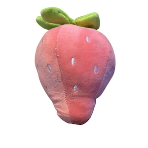 Strawberry Plush Stuffed Toy Pink With Green Leaves & White Seed Accents