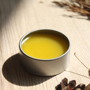 Può includere: Un piccolo barattolo rotondo d'argento riempito con un balsamo giallo liscio. Il barattolo è appoggiato su una superficie di legno chiaro, con un'ombra proiettata sopra. Foglie secche e ramoscelli sono sparsi intorno al barattolo.