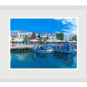 Impresión Giclée de edición limitada con calidad de museo/exposición, de un gran taxi acuático del antiguo puerto de Skiathos enmarcado.