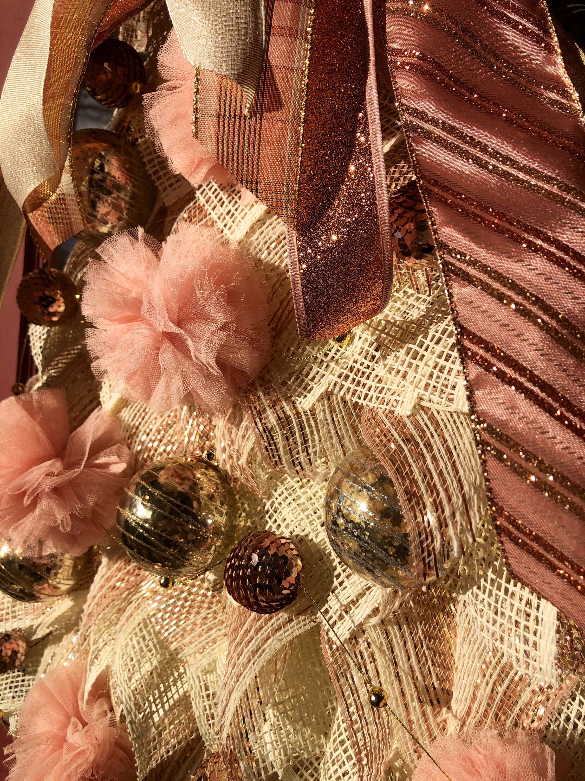 Rose Gold and Ivory Ombre Christmas Tree Wreath, Glitter Bow, Pink