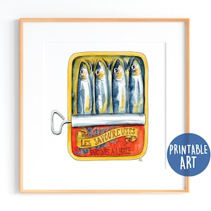 Quattro sardine acquerellate stampabili in una scatola vintage, arte murale con sardine, decorazione da cucina, sardine da stampare