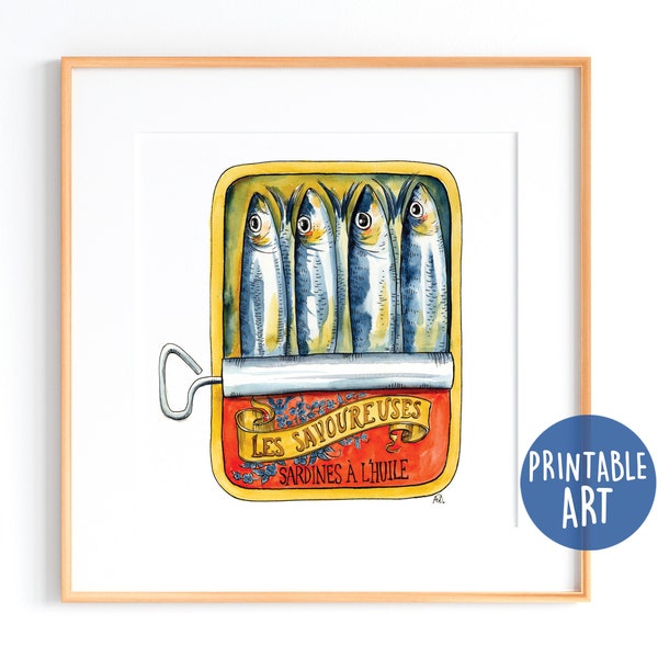 Printable four watercolor sardines in a vintage tin, sardines wall art, kitchen decoration, sardines to print
