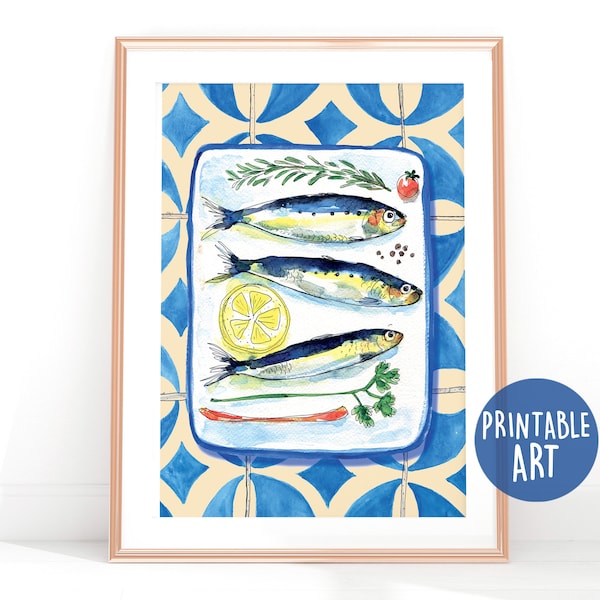 Printable grilled sardines watercolor, Instant download, wall Art Deco, kitchen decor, Digital Art, Sardines Art