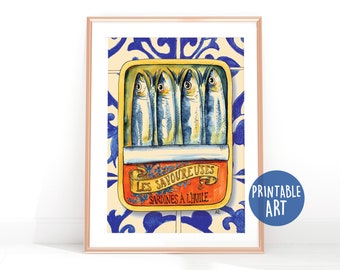 Afdrukbare aquarel sardines in een vintage blik, sardines kunst aan de muur, keukendecoratie, sardines om af te drukken, digitale kunst, digitale sardines