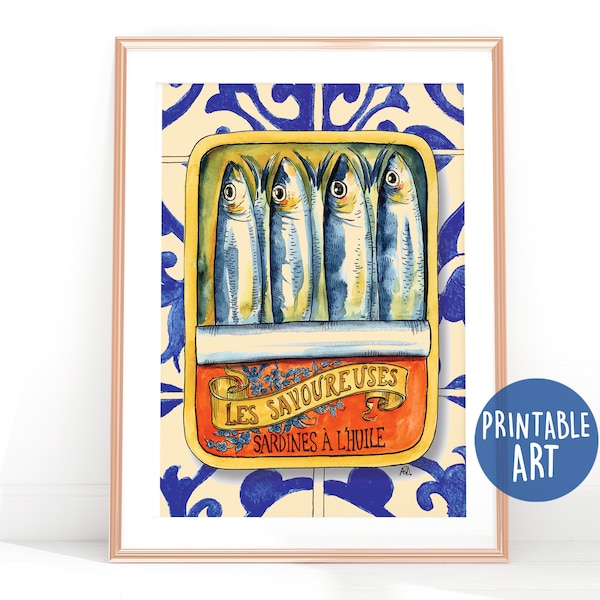 Printable watercolor sardines in a vintage tin, sardines wall art, kitchen decoration, sardines to print, Digital Art, Digital Sardines