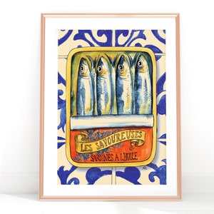 Sardines in a vintage tin print A4, A3, Kitchen decor, sardines wall art, watercolor print