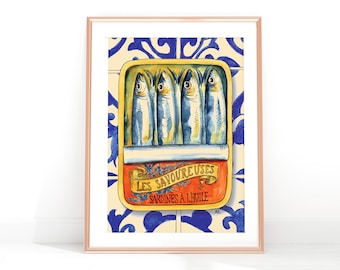 Sardines in a vintage tin print A4, A3, Kitchen decor, sardines wall art, watercolor print