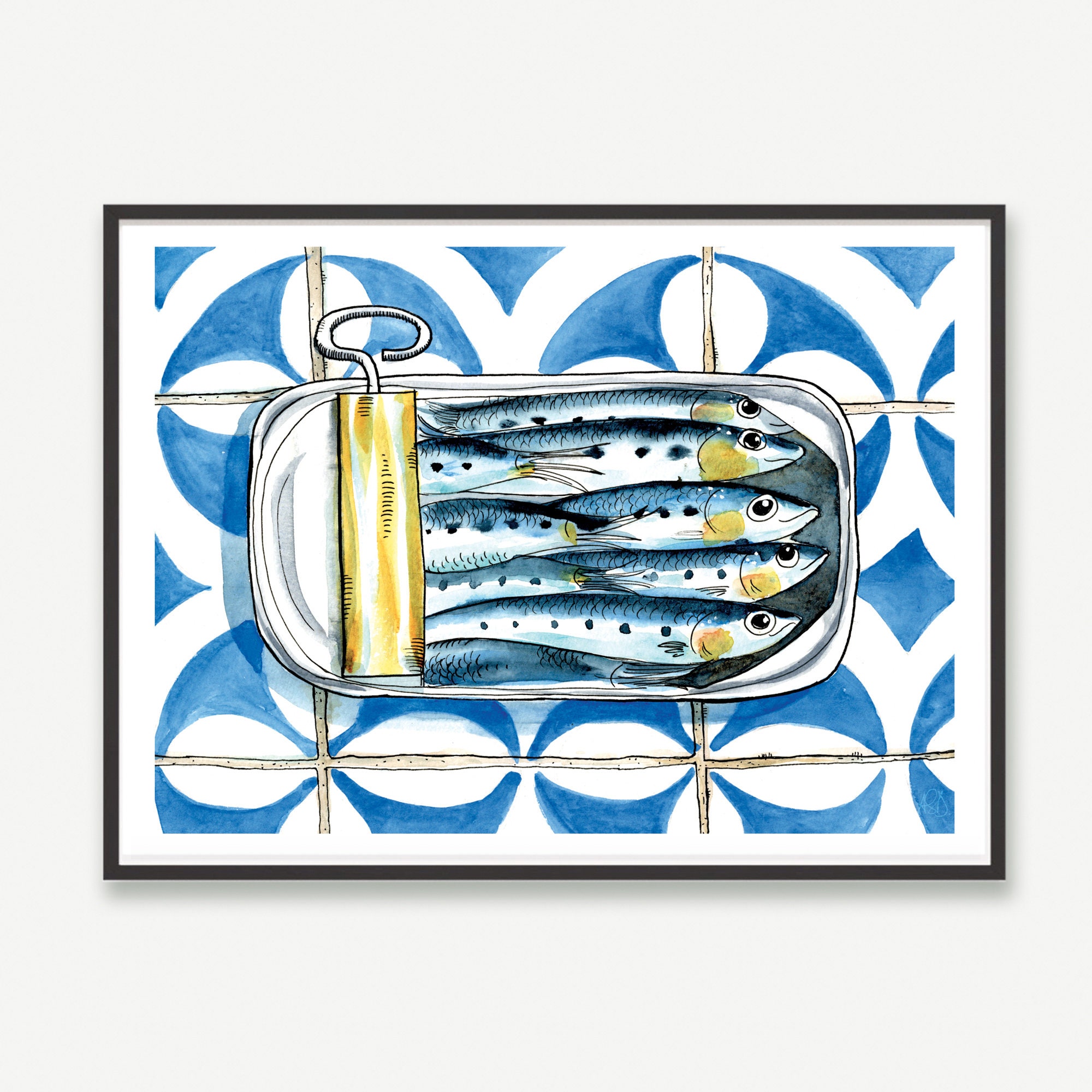 Affiche Sardines en Boite Impression Aquarelle 30x40cm, Décoration Cuisine