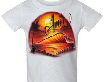 Diseño de nombre personalizado con guión de aerógrafo, ola, puesta de sol