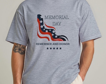 Camiseta del Día de los Caídos con una bandera ondeante estilizada que dice "Recordar y honrar" y muestra patriotismo y apoyo al servicio de nuestros valientes veteranos.