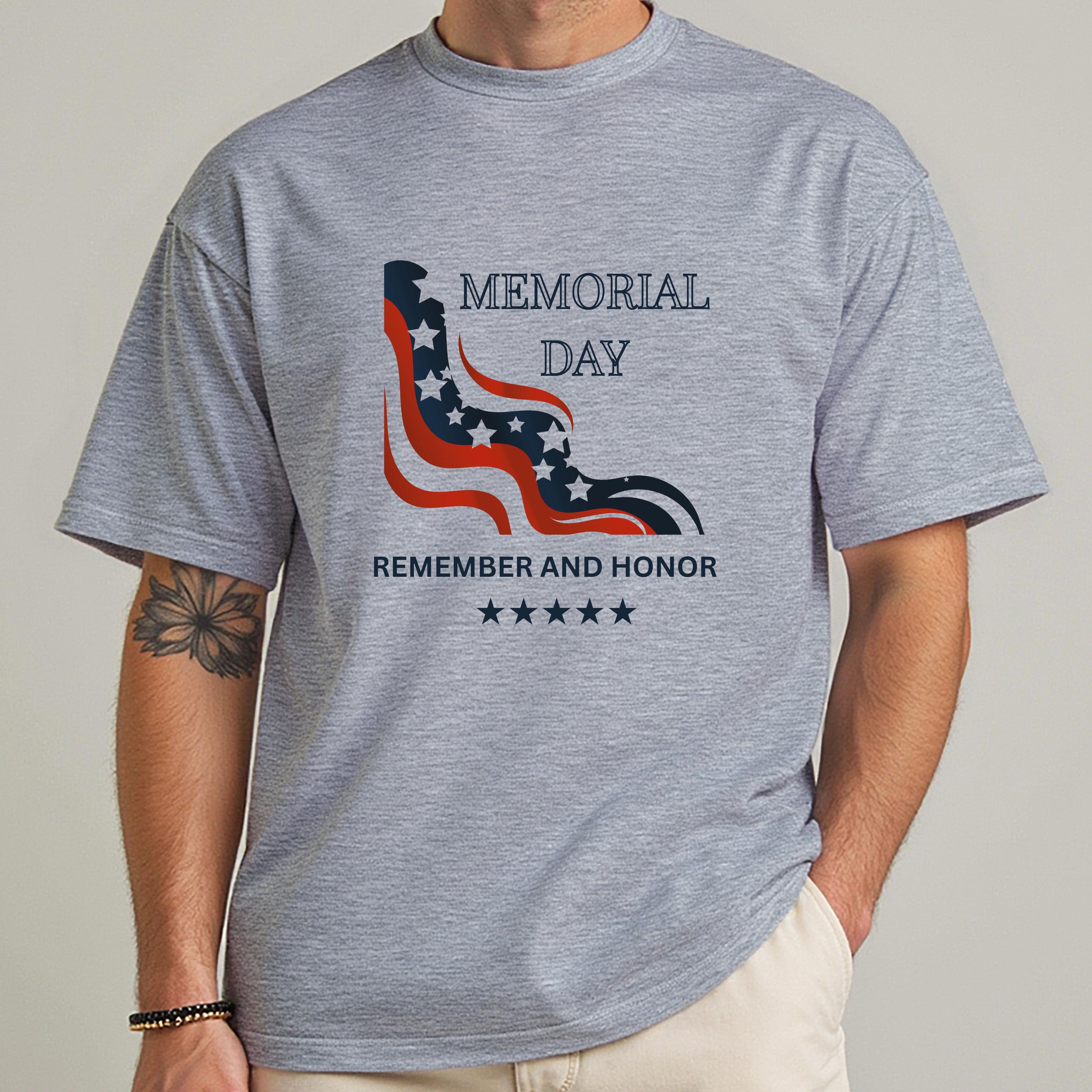 T-shirt du Memorial Day avec drapeau ondulant stylisé portant l'inscription « Remember and Honor » montre le patriotisme et le soutien aux services re