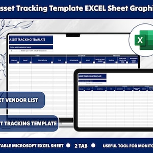 May include: A digital image showing a laptop and tablet screen displaying a spreadsheet template for asset tracking. The template has columns for item number, name, description, type, location, purchase date, vendor, and warranty expiry date. The image also includes the text "Asset Tracking Template EXCEL Sheet Graphic", "Asset Vendor List", and "Asset Tracking Template".