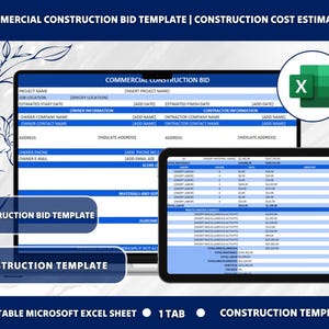 Commercial Construction Bid Template | Construction Cost Estimate | Contractor Estimate Planner | Project Bid Form | Construction Template