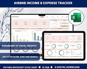 Puede incluir: Una plantilla de hoja de cálculo digital para realizar un seguimiento de los ingresos y gastos de Airbnb. La plantilla incluye un panel de control con gráficos y diagramas, así como una sección de descripción general de la propiedad. La plantilla es editable en Microsoft Excel e incluye 12 pestañas.
