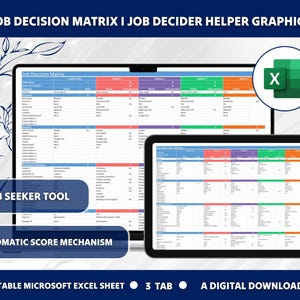 Matrice de décision d'embauche | Comparatif des offres d'emploi | Outil de choix de carrière | Feuilles Excel et Google | Planificateur de nouveaux emplois | Aide à la décision professionnelle