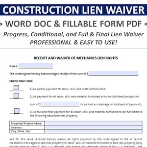 May include: A black and white printable form for a construction lien waiver. The form includes a section for the date, the amount of money received, and a check box to indicate the type of payment. The form also includes a section for the property name, address, and city, state, zip code.