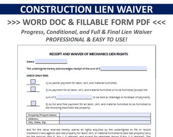 CONSTRUCTION LIEN WAIVER | Business Template - Progress, Condition, & Full and Final Lien Waiver Template, Fillable pdf and Word Doc.