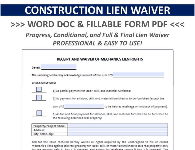 CONSTRUCTION LIEN WAIVER | Business Template - Progress, Condition ...