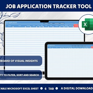 Peut inclure: Un téléchargement numérique d'un outil de suivi des candidatures d'emploi au format feuille de calcul Microsoft Excel. La feuille de calcul dispose d'un tableau de bord d'informations visuelles et de la possibilité de filtrer, de trier et de rechercher. La feuille de calcul comporte 6 onglets.