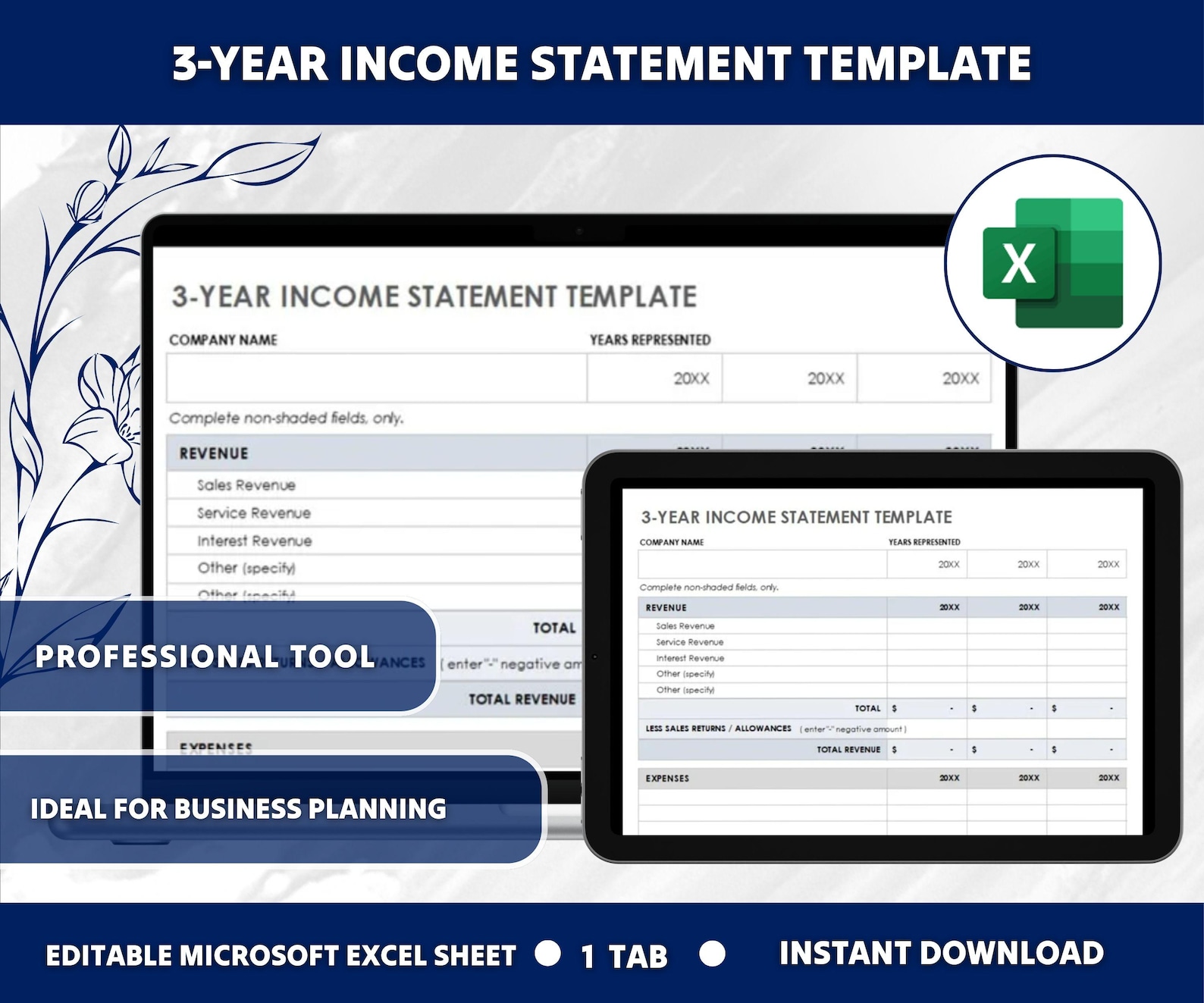 3-year Income Statement Template | Profit and Loss Forecast | Small ...