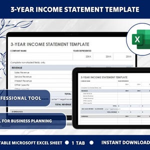 May include: A digital template for a 3-year income statement. The template is designed for use in Microsoft Excel and includes fields for revenue, expenses, and total revenue. The template is labelled "Professional Tool" and "Ideal for Business Planning".